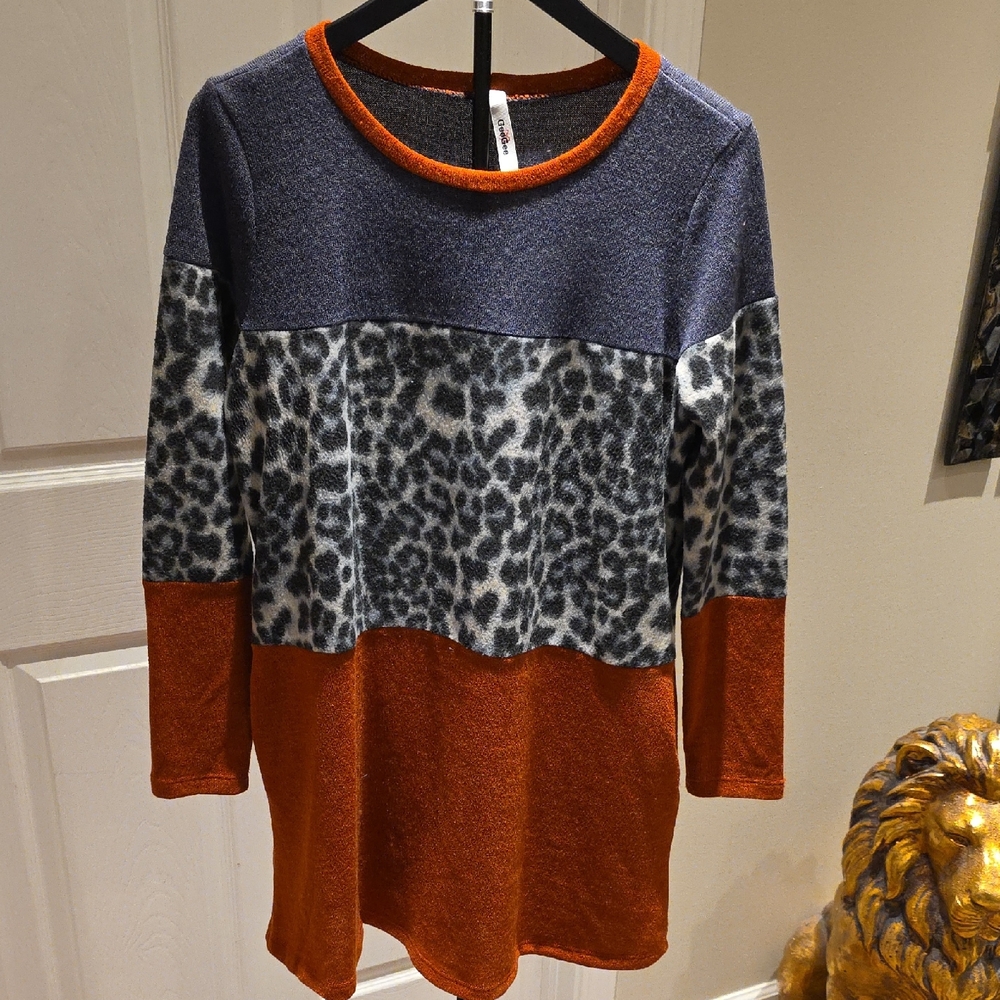 Colorblock Leopard Print Tunic Sweatshirt - Rust & Gray